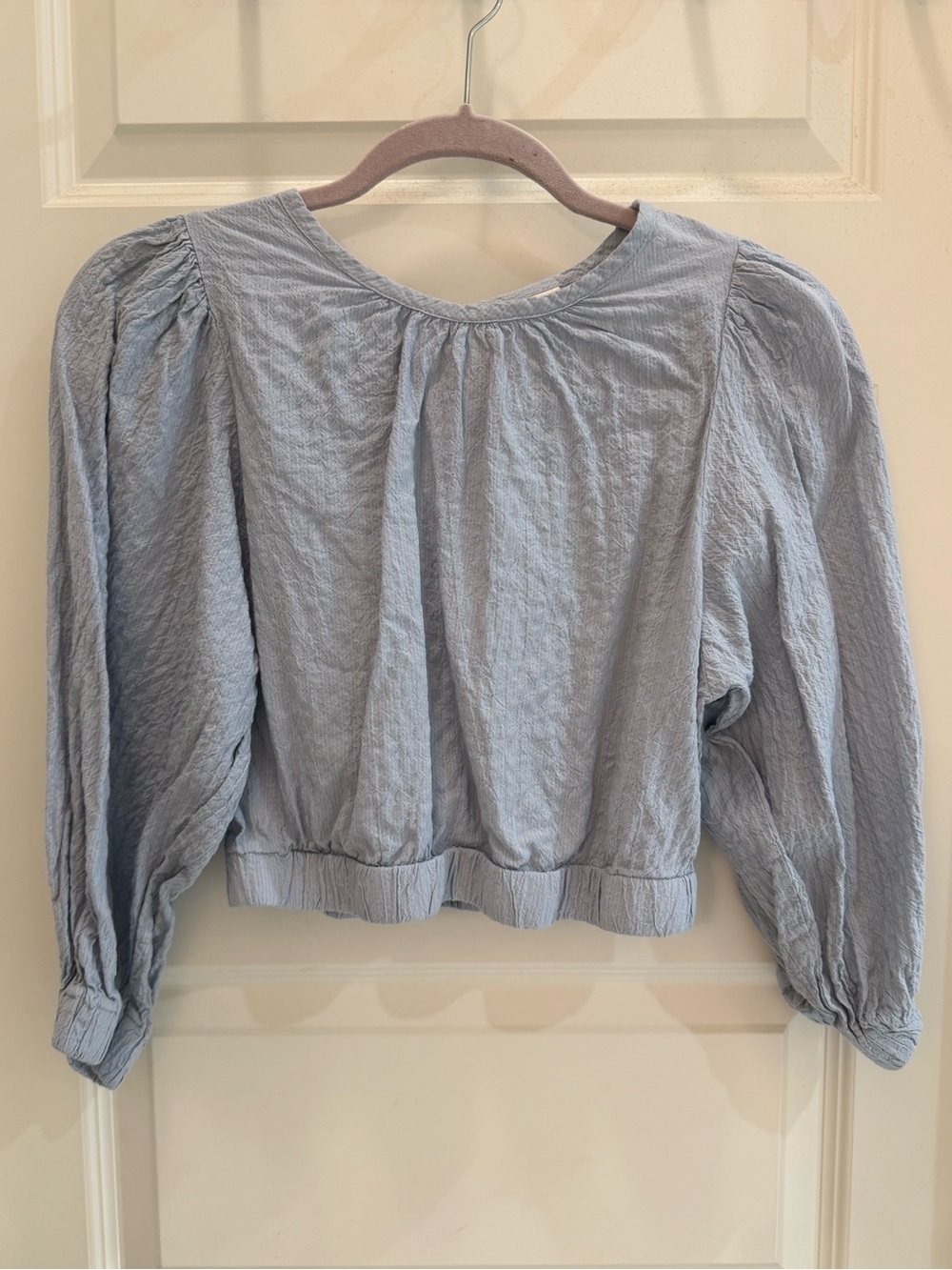 A New Day Blue Long Sleeve Balloon Puff Sleeve Textured Crop Blouse Size S